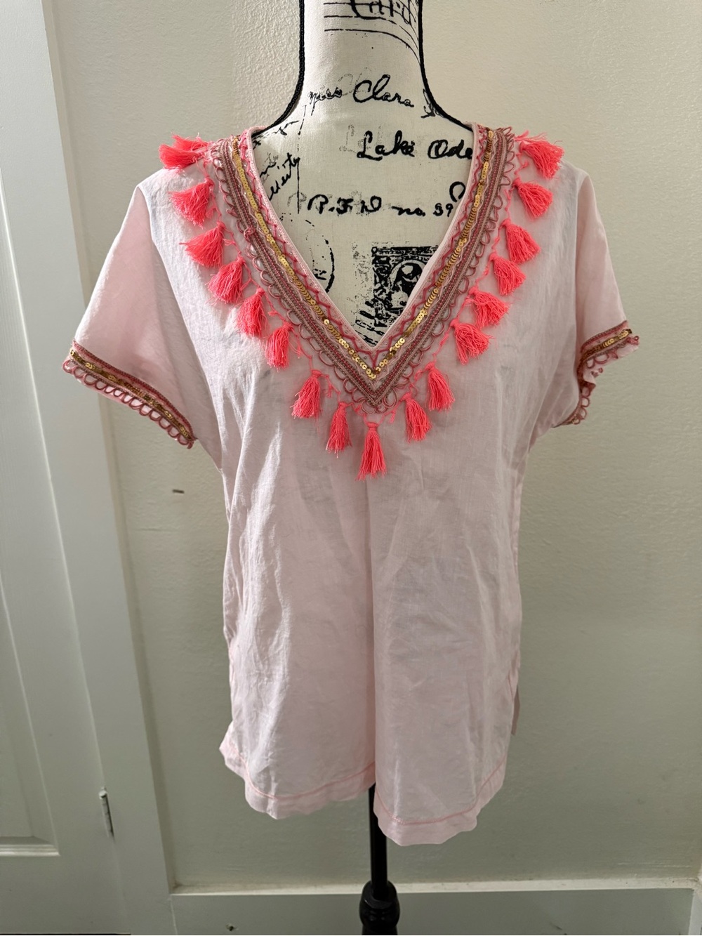 J. Crew Light Pink V-Neck Top with Coral Tassel Trim